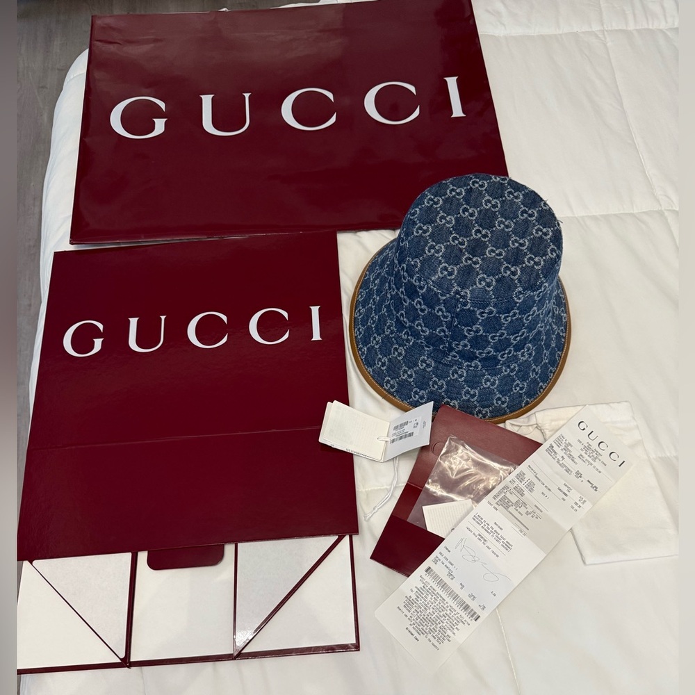 Gucci Denim and Tan Monogram Bucket Hat size M brand new tags 100%  authentic - Picture 6 of 17